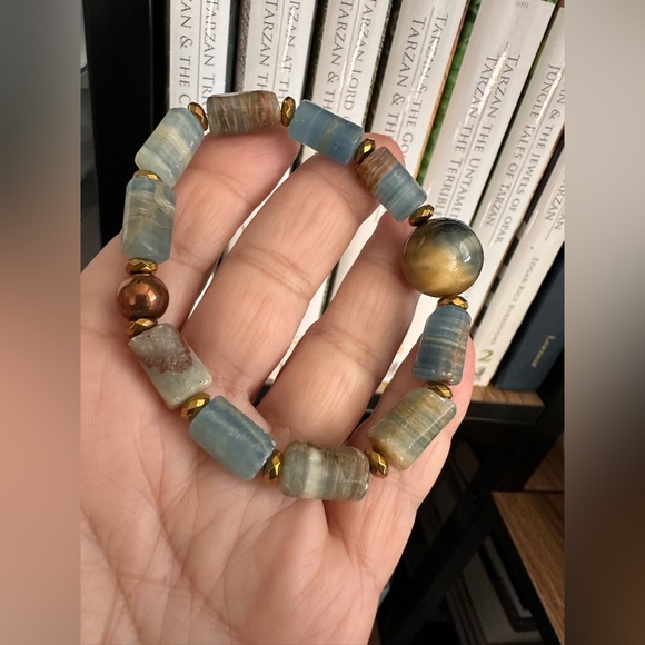 LEMURIAN AQUATINE BARRELS + YELLOW TIGERS NATURAL STONES BRACELET size 7” - Picture 9 of 10